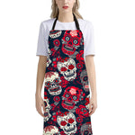 White Red Sugar Skull Pattern Print Bib Apron With Pocket