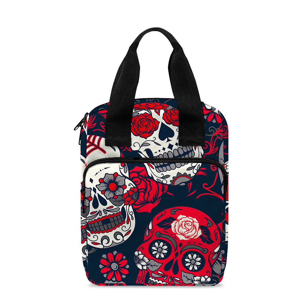 White Red Sugar Skull Pattern Print Bible Tote Bag