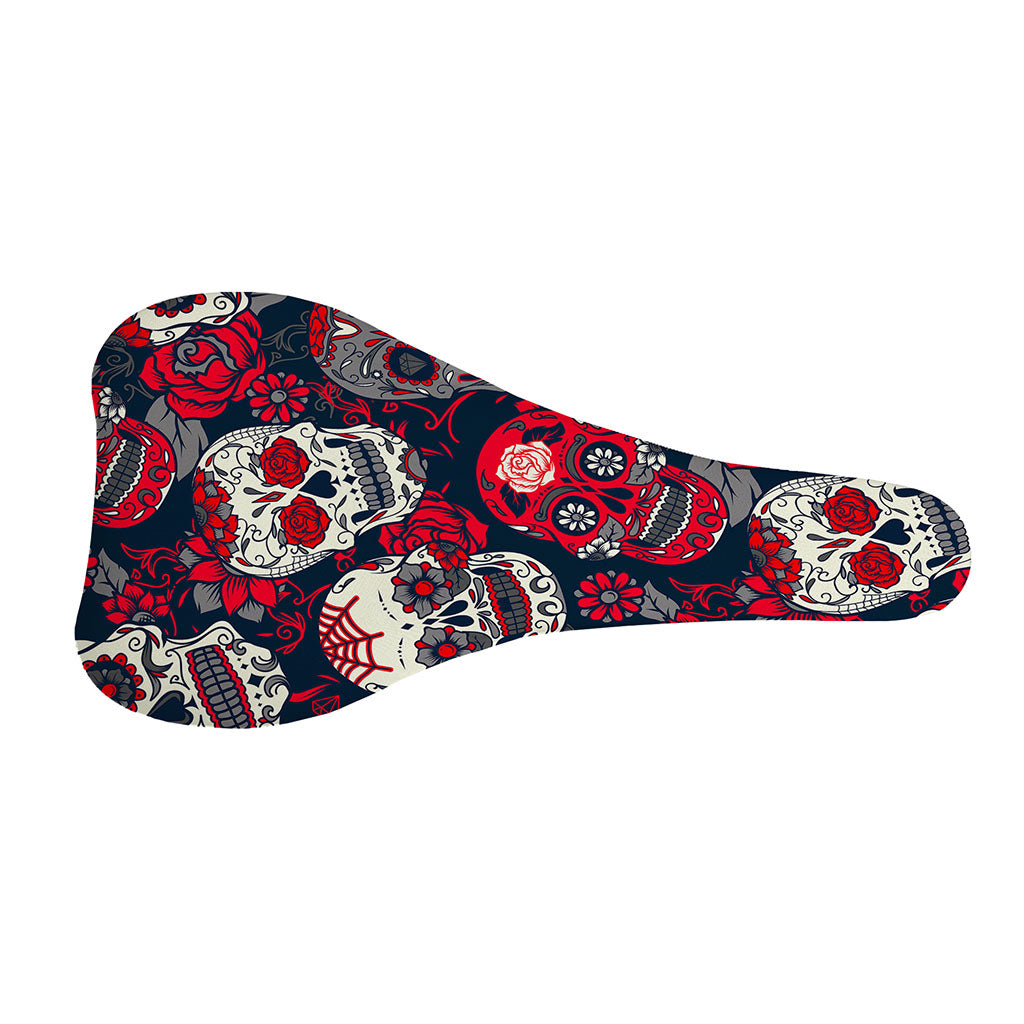 White Red Sugar Skull Pattern Print Bicycle Seat Cover