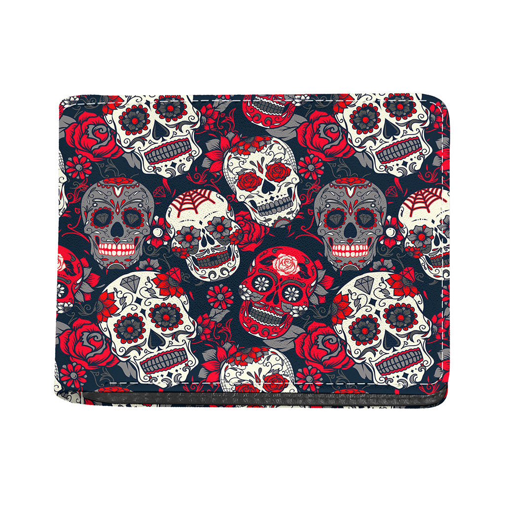 White Red Sugar Skull Pattern Print Bifold Wallet