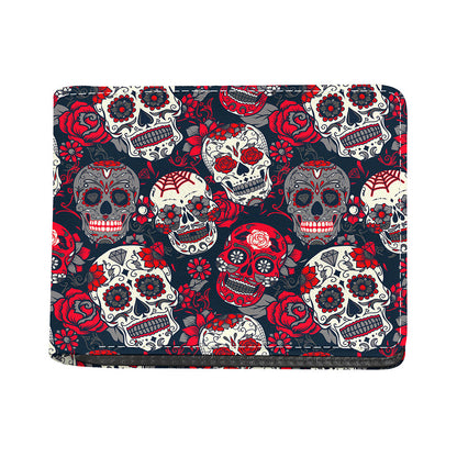 White Red Sugar Skull Pattern Print Bifold Wallet
