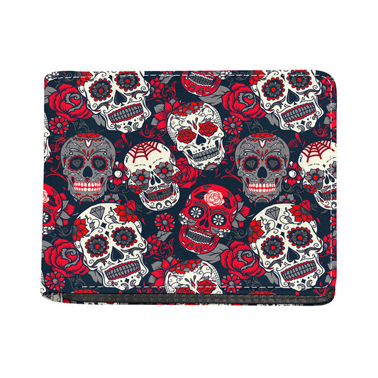 White Red Sugar Skull Pattern Print Bifold Wallet