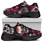 White Red Sugar Skull Pattern Print Black Chunky Shoes