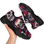 White Red Sugar Skull Pattern Print Black Chunky Shoes