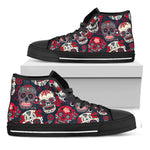 White Red Sugar Skull Pattern Print Black High Top Sneakers