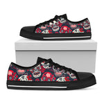 White Red Sugar Skull Pattern Print Black Low Top Sneakers