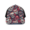 White Red Sugar Skull Pattern Print Black Mesh Trucker Hat