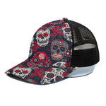White Red Sugar Skull Pattern Print Black Mesh Trucker Cap