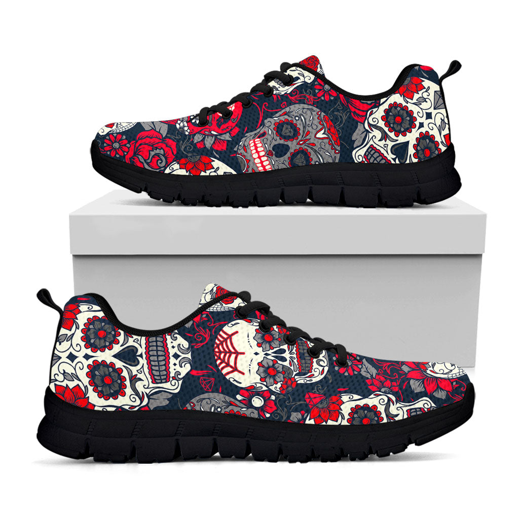 White Red Sugar Skull Pattern Print Black Running Shoes