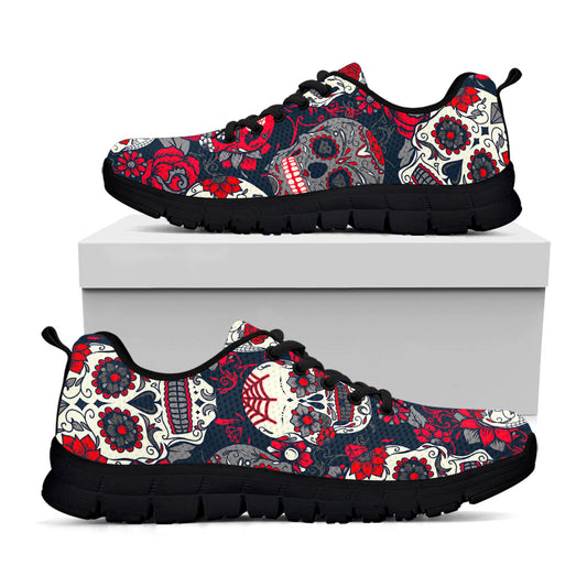 White Red Sugar Skull Pattern Print Black Running Shoes