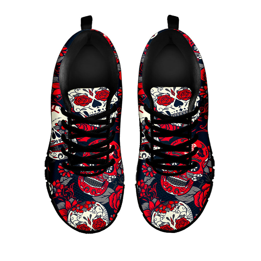 White Red Sugar Skull Pattern Print Black Running Shoes