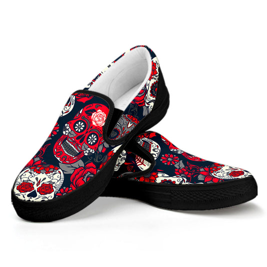 White Red Sugar Skull Pattern Print Black Slip On Sneakers