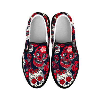 White Red Sugar Skull Pattern Print Black Slip On Sneakers