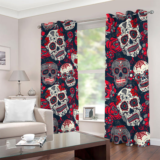 White Red Sugar Skull Pattern Print Blackout Grommet Curtains