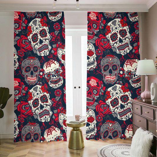 White Red Sugar Skull Pattern Print Blackout Pencil Pleat Curtains