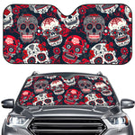 White Red Sugar Skull Pattern Print Car Windshield Sun Shade