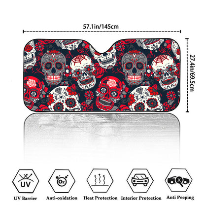 White Red Sugar Skull Pattern Print Car Windshield Sun Shade