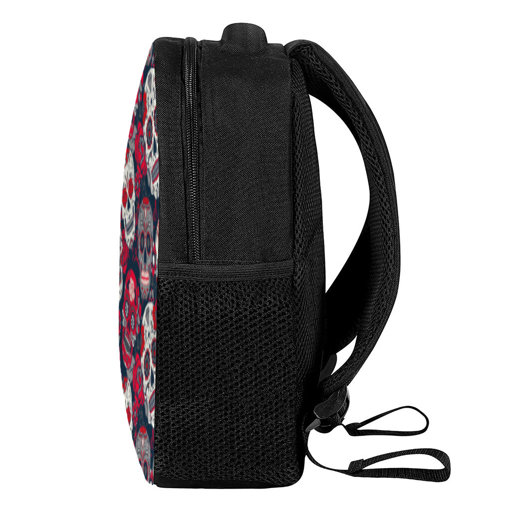 White Red Sugar Skull Pattern Print Casual Backpack