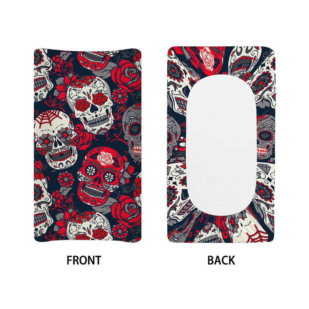 White Red Sugar Skull Pattern Print Changing Pad Cover
