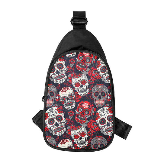 White Red Sugar Skull Pattern Print Chest Bag
