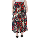 White Red Sugar Skull Pattern Print Chiffon Maxi Skirt