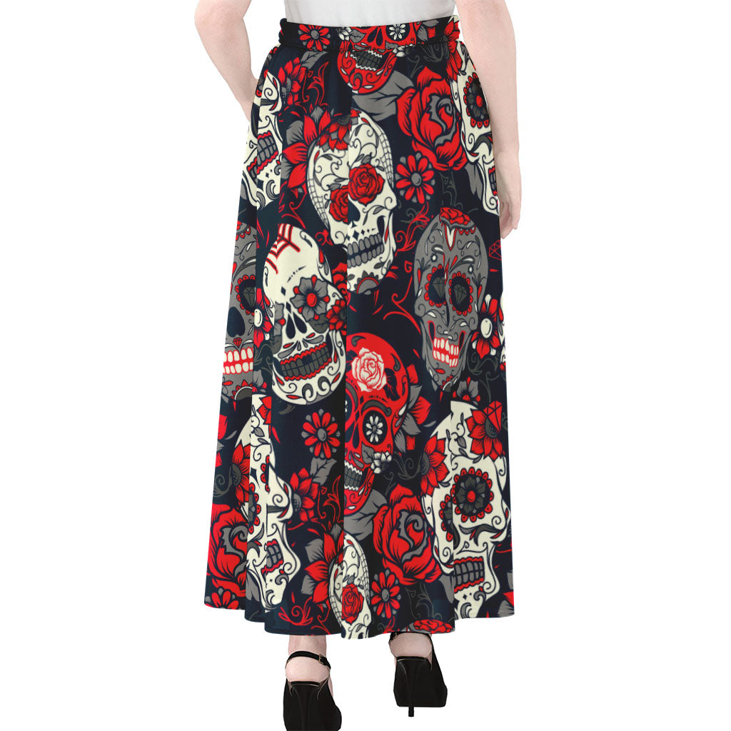 White Red Sugar Skull Pattern Print Chiffon Maxi Skirt