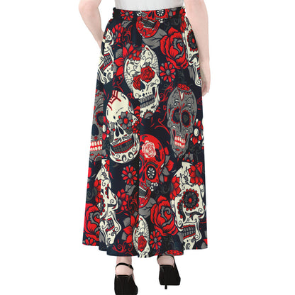 White Red Sugar Skull Pattern Print Chiffon Maxi Skirt