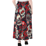White Red Sugar Skull Pattern Print Chiffon Maxi Skirt