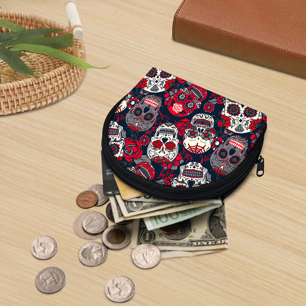White Red Sugar Skull Pattern Print Coin Purse