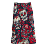 White Red Sugar Skull Pattern Print Cotton Front Slit Maxi Skirt