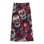 White Red Sugar Skull Pattern Print Cotton Front Slit Maxi Skirt