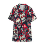 White Red Sugar Skull Pattern Print Cotton Hawaiian Shirt