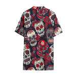 White Red Sugar Skull Pattern Print Cotton Hawaiian Shirt