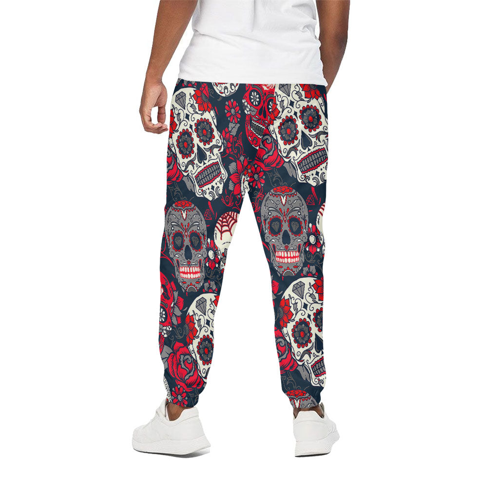 White Red Sugar Skull Pattern Print Cotton Pants