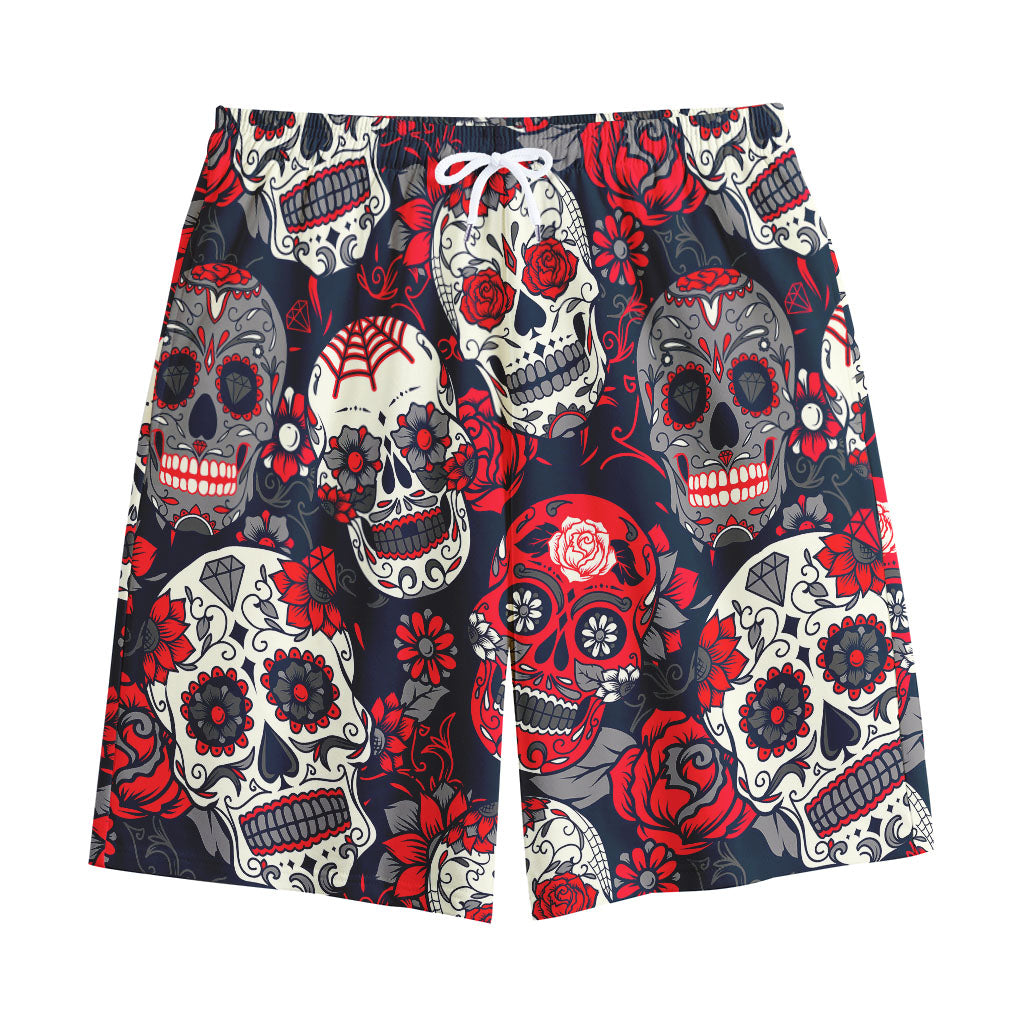 White Red Sugar Skull Pattern Print Cotton Shorts