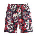 White Red Sugar Skull Pattern Print Cotton Shorts