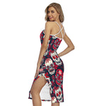 White Red Sugar Skull Pattern Print Cross Back Cami Dress