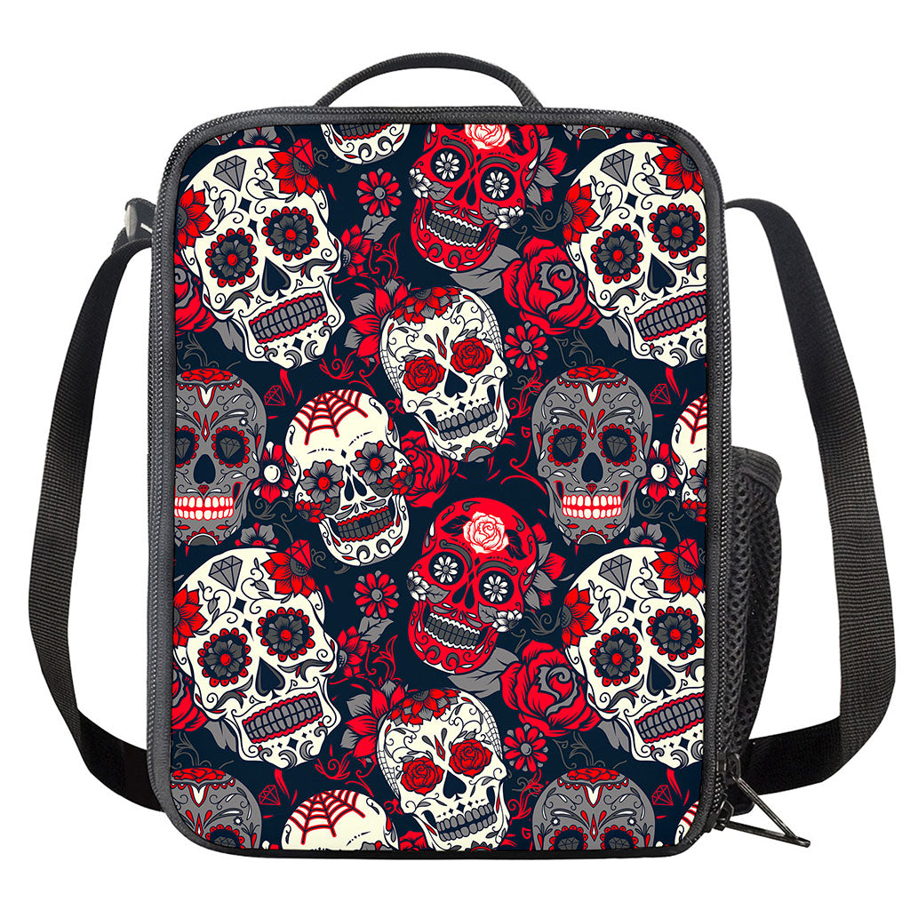 White Red Sugar Skull Pattern Print Crossbody Lunch Bag