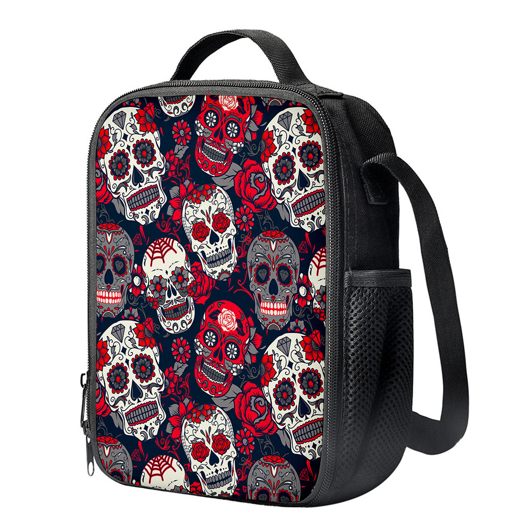 White Red Sugar Skull Pattern Print Crossbody Lunch Bag