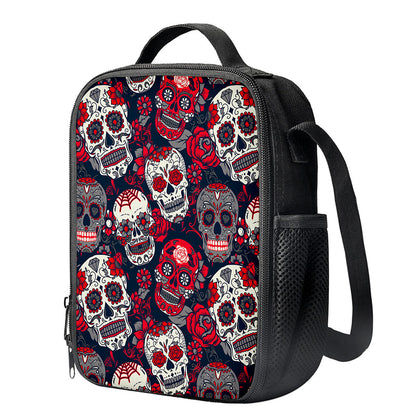 White Red Sugar Skull Pattern Print Crossbody Lunch Bag