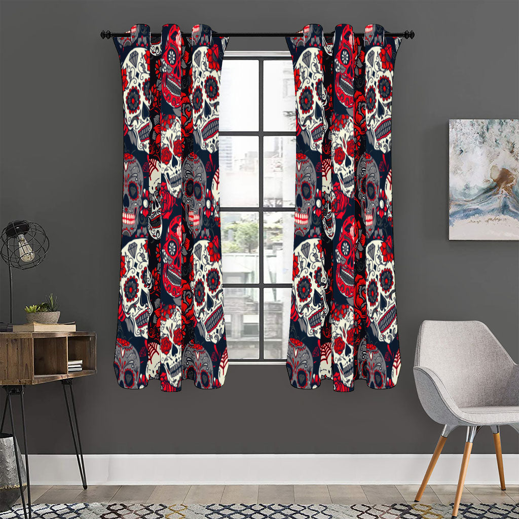 White Red Sugar Skull Pattern Print Curtain