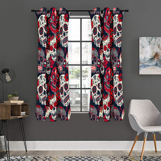 White Red Sugar Skull Pattern Print Curtain