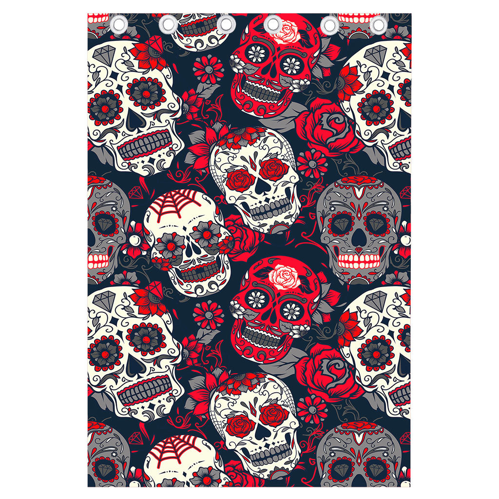 White Red Sugar Skull Pattern Print Curtain