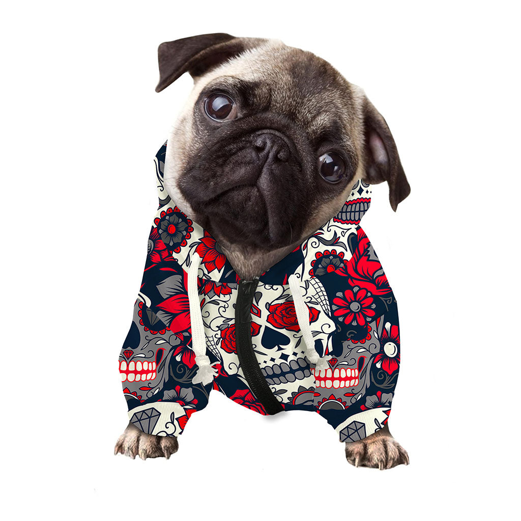 White Red Sugar Skull Pattern Print Dog Zip Up Hoodie