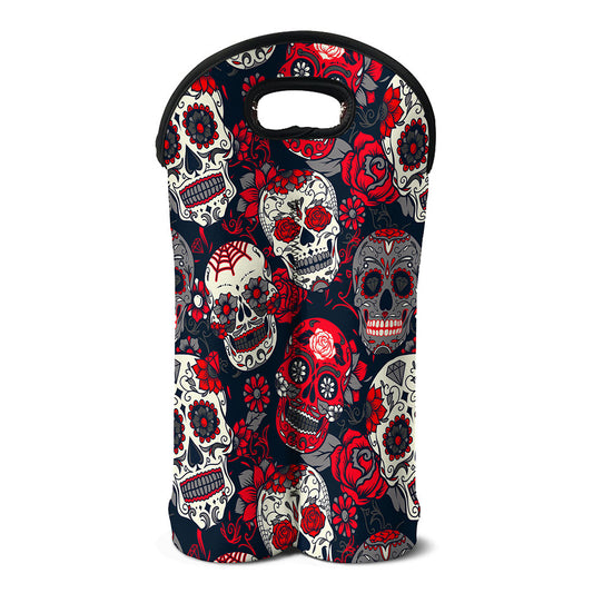 White Red Sugar Skull Pattern Print Double Neoprene Wine Tote
