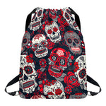 White Red Sugar Skull Pattern Print Drawstring Backpack