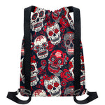 White Red Sugar Skull Pattern Print Drawstring Backpack