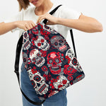 White Red Sugar Skull Pattern Print Drawstring Backpack