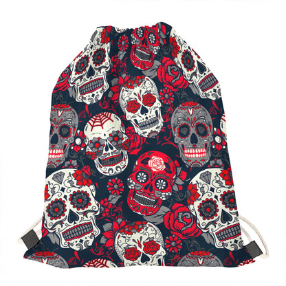 White Red Sugar Skull Pattern Print Drawstring Bag