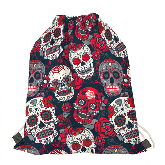 White Red Sugar Skull Pattern Print Drawstring Bag
